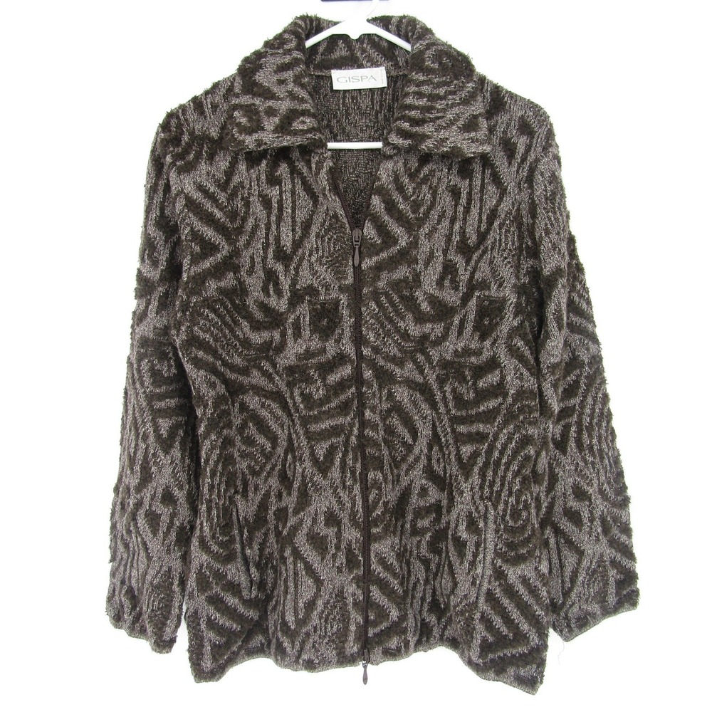 GISPA Zip Up Cardigan Sweater Womens L Brown Merino Wool Abstract Made in Italy